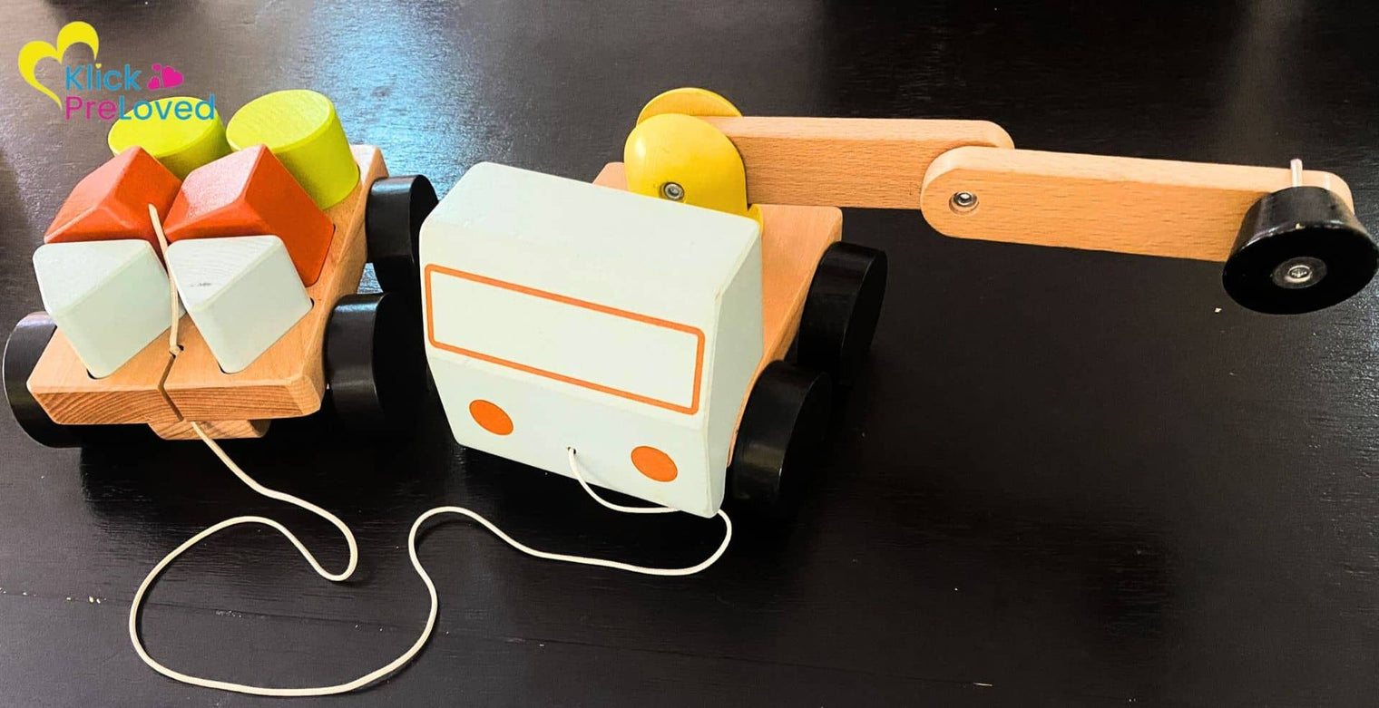 PreLoved Montessori Wooden Crane Pull-along Truck Shape Sorter + Blocks (Gently Loved)