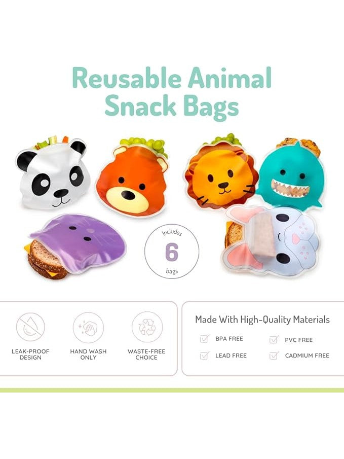 Melii Reusable Snack Bags - Bulldog, Cat, Lion, Panda, Bear & Shark (6 pack)