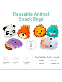 Melii Reusable Snack Bags - Bulldog, Cat, Lion, Panda, Bear & Shark (6 pack)