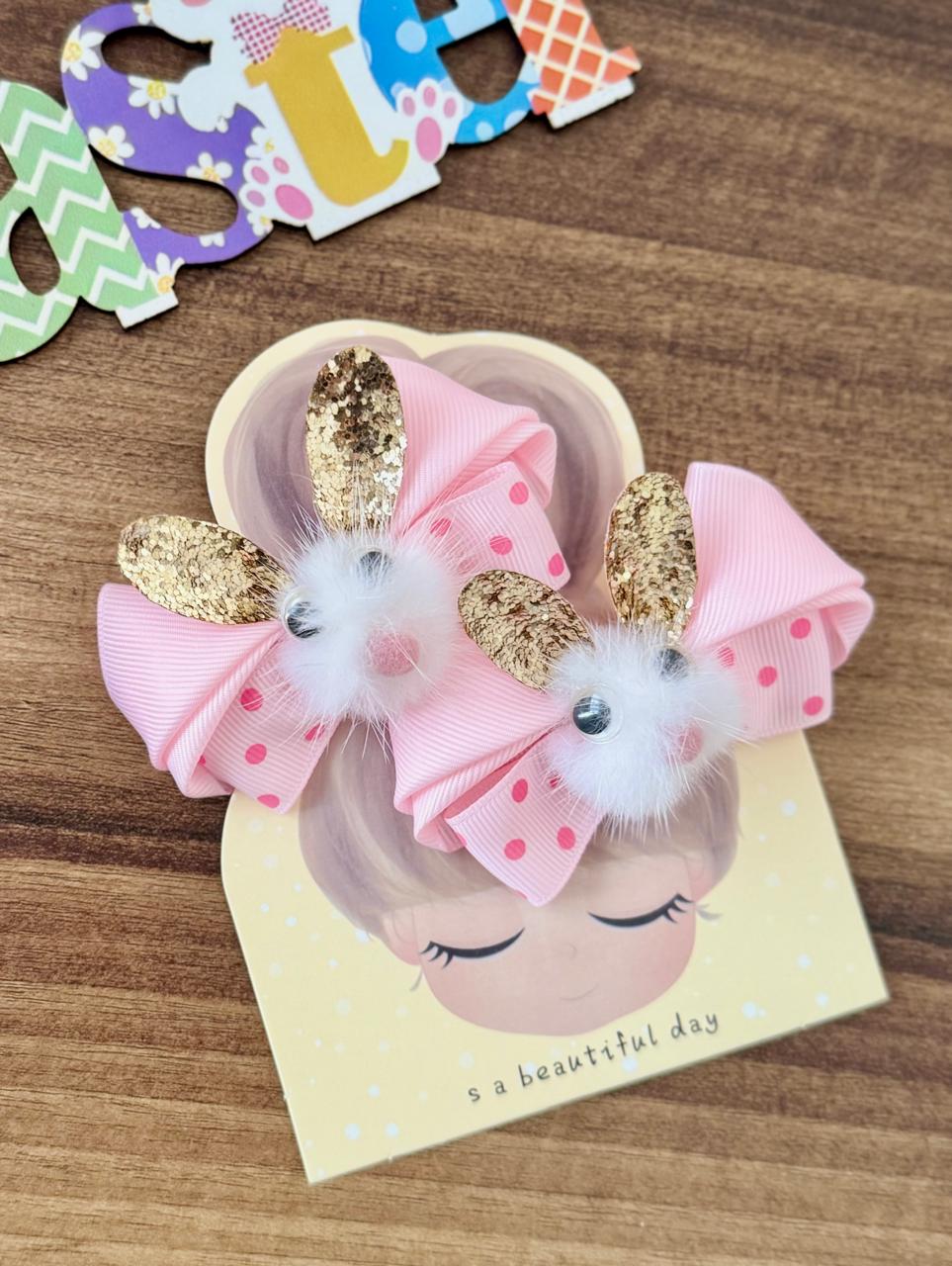 Bantyk Pink & White Furry Easter Bunny Hairclips (Set of 2)